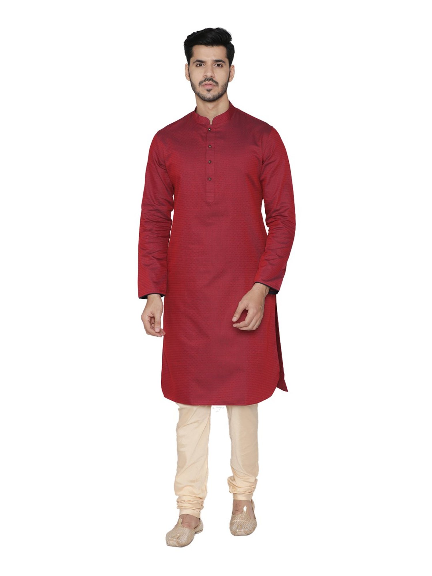 Manyavar Maroon & Cream Self Design Kurta Set