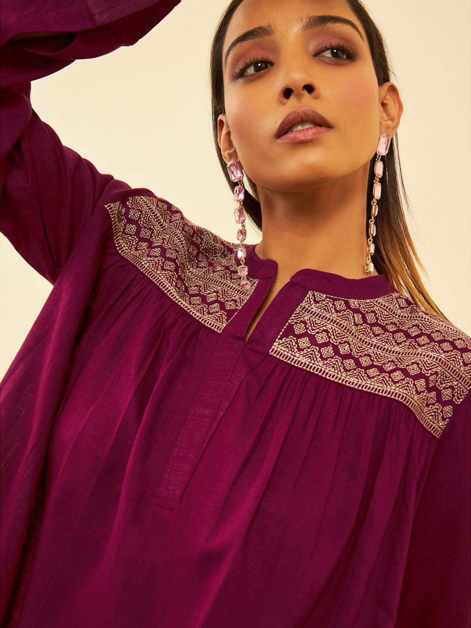 Soch Womens Wine Rayon Slub Embroidered Alia-Cut Tunic