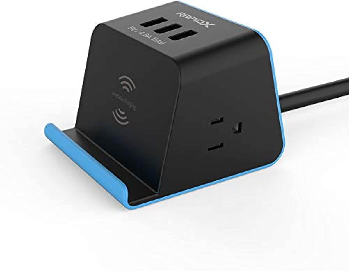 RapidX Mydesktop 29W Wireless Charging Stand with 3 USB Ports, 5V/4.8A Total and 2 Power Outlets for iPhone, Android, Tablets and Laptops - Blue, Model:RX-DT101BLKB