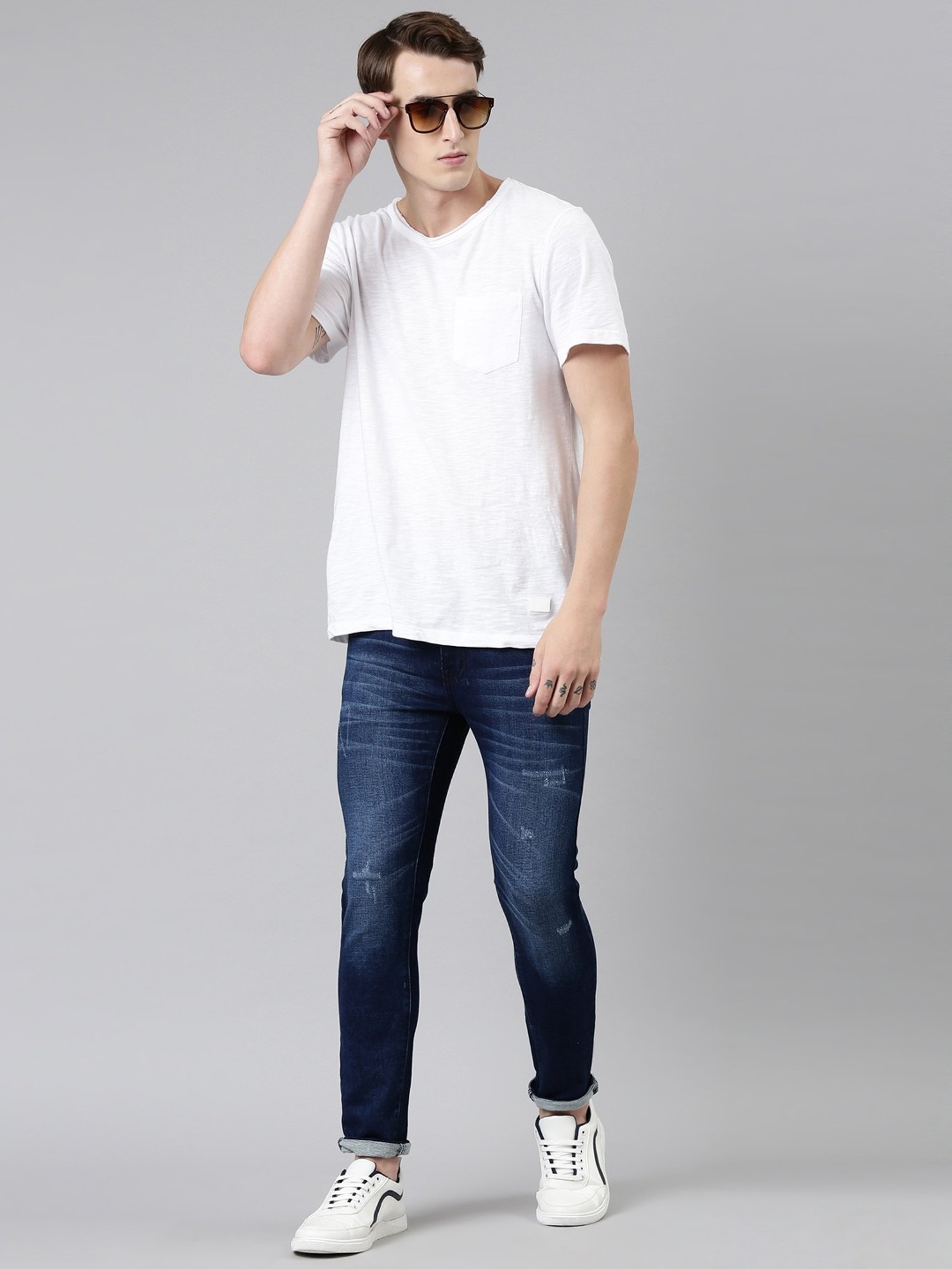 CINOCCI Blue Cotton Slim Fit Distressed Jeans