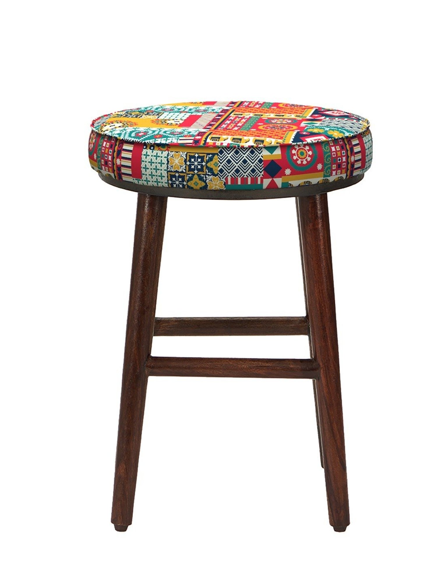 Chumbak English Swirls Ikat Red Wood Cafe Stool