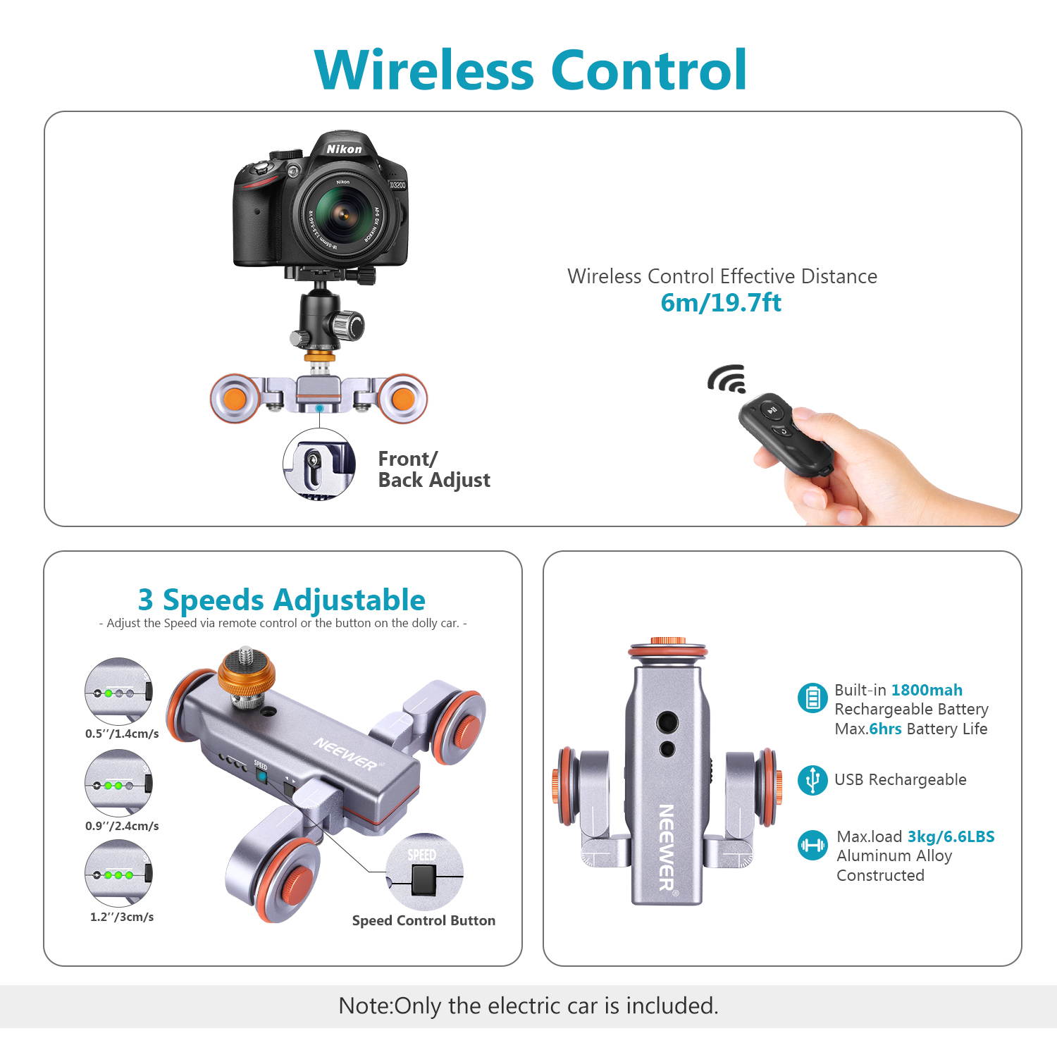 Neewer 3-Wheels Wirelesss Camera Video Auto Dolly, Motorized Electric Track Rail Slider Dolly Car with Remote, 3 Speed Adjustable for DSLR Camera Camcorder GoPro iPhone Android Phones (Silver)