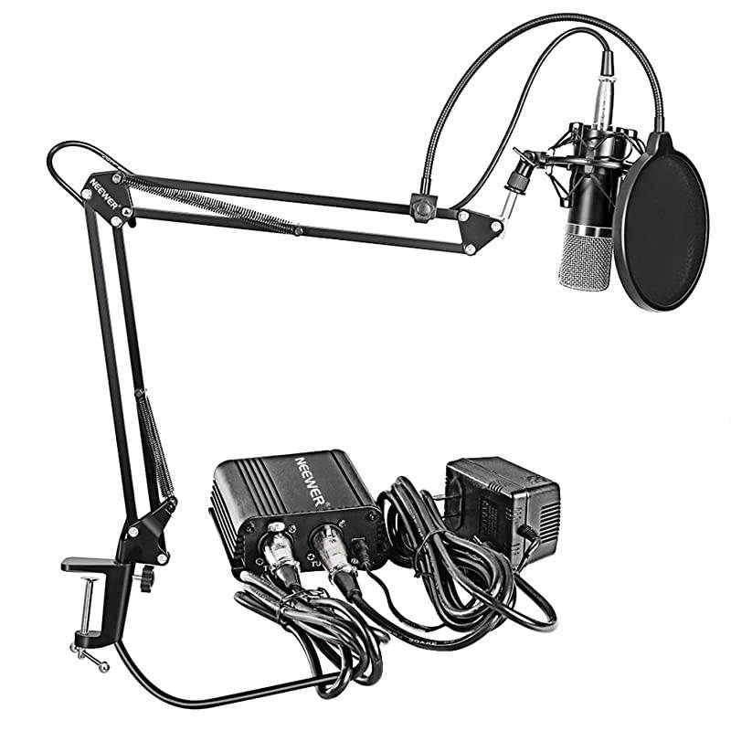 NW700 Professional Condenser Microphone NW35 Suspension Boom Scissor Arm Stand with XLR Cable and Mounting Clamp NW3 Pop Filter 48V Phantom Power Supply with Adapter Kit