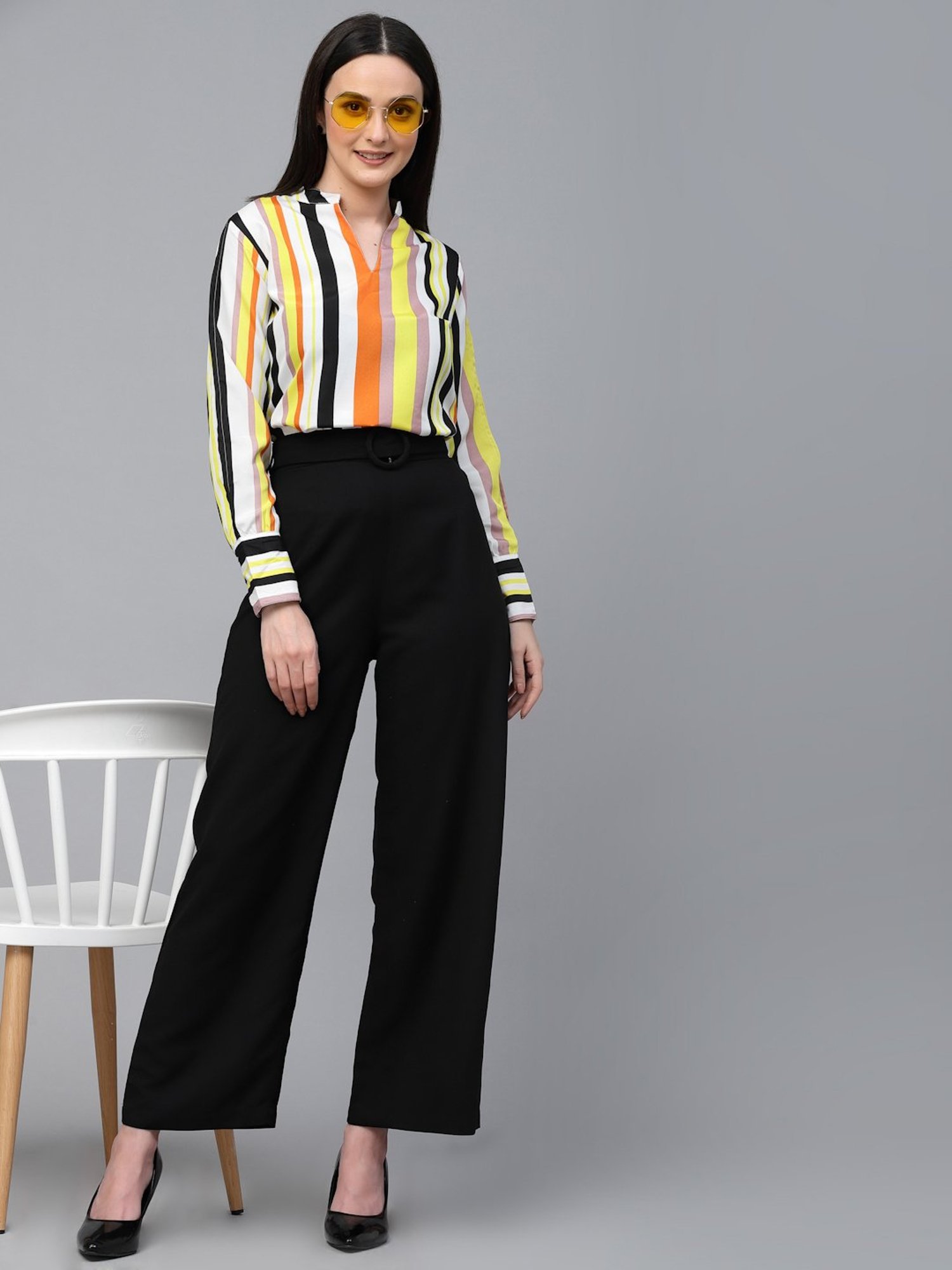 Style Quotient Women Multi Stripe Polyester Regular Smart Casual Top
