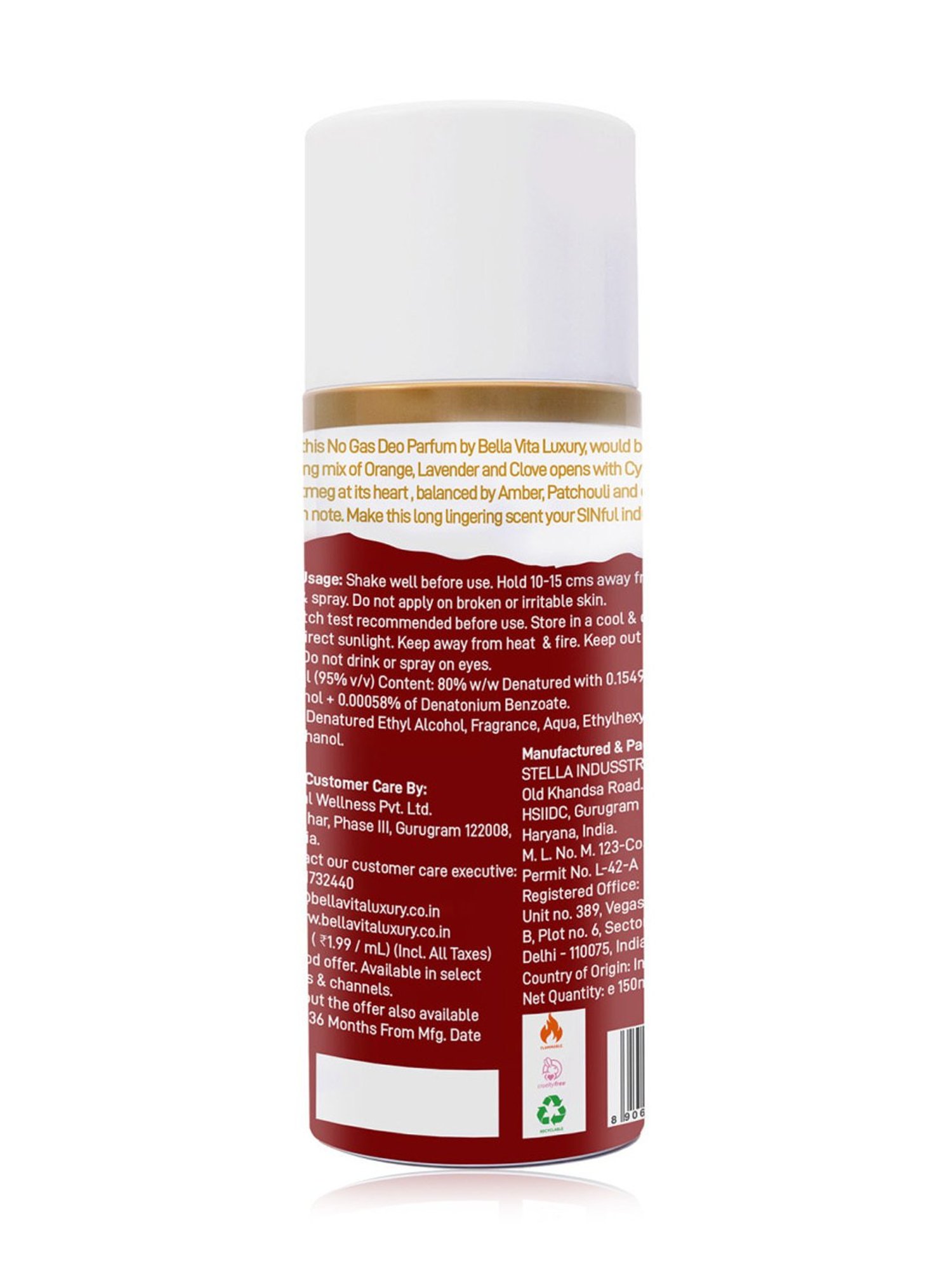 BELLA VITA LUXURY Sin No Gas Deo Parfum for Men & Women - 150 ml