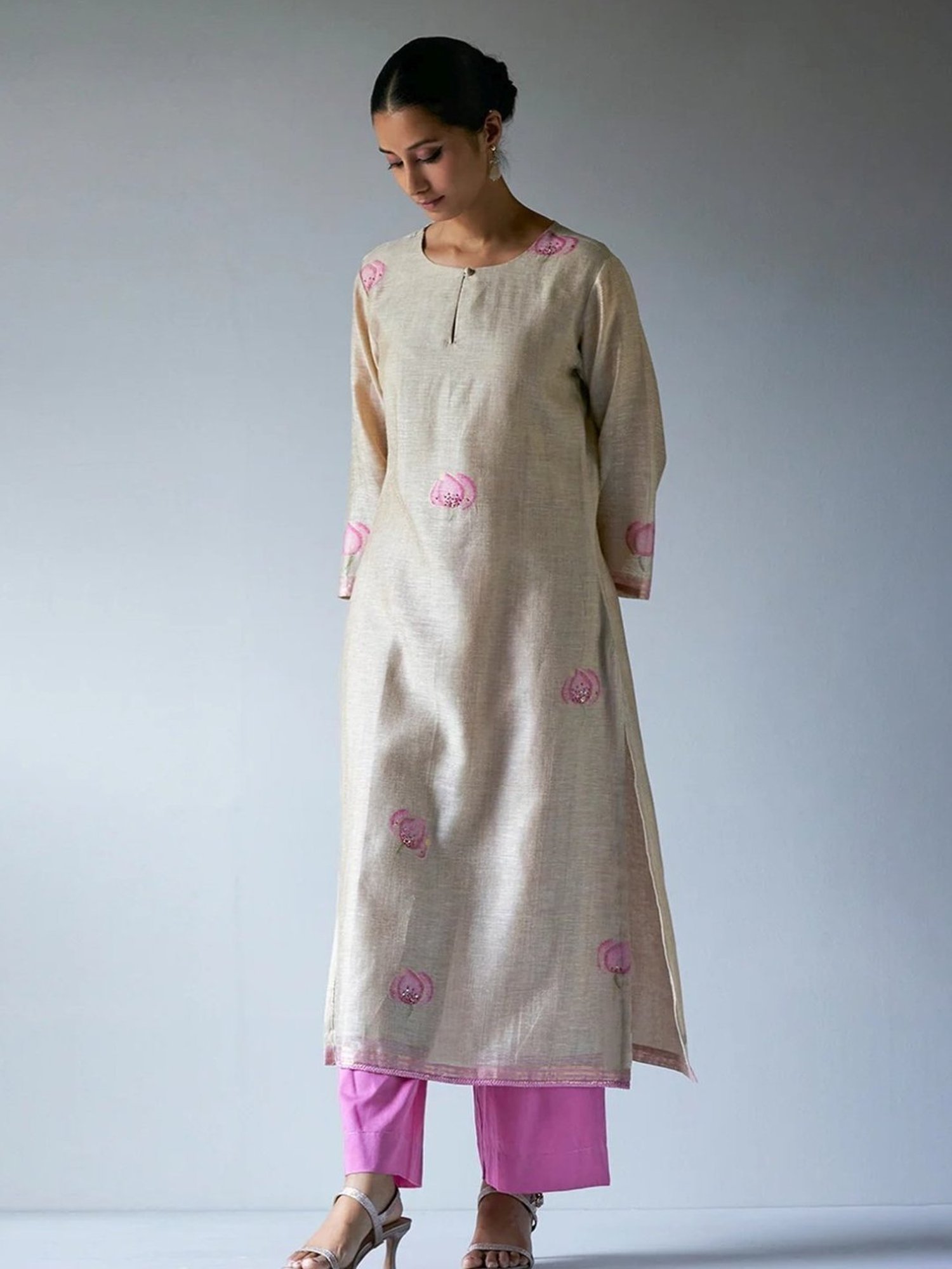Ganga Fashions Beige & Pink Saadagi Woven Kurta with Pant and Dupatta