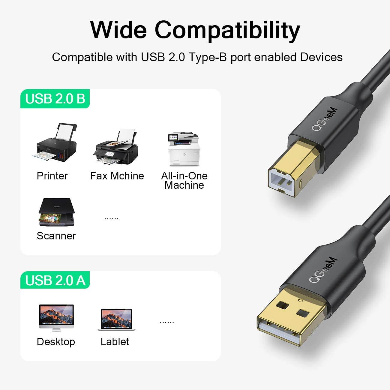 Printer Cable,QGeeM USB Printer Cable 6FT USB 2.0 Type A Male to Type B Male Printer Scanner Cable Compatible with HP, Canon, Dell, Epson, Lexmark, Xerox, Samsung and More, USB Cable for Printer