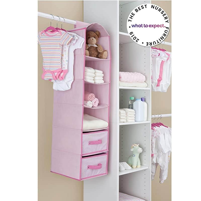 6 Shelf Hanging Wall Storage with 2 Drawers Easy StorageOrganization Solution Holds Sweaters Shirts Pants Accessories More Movable Drawers Allow for Customization Pink