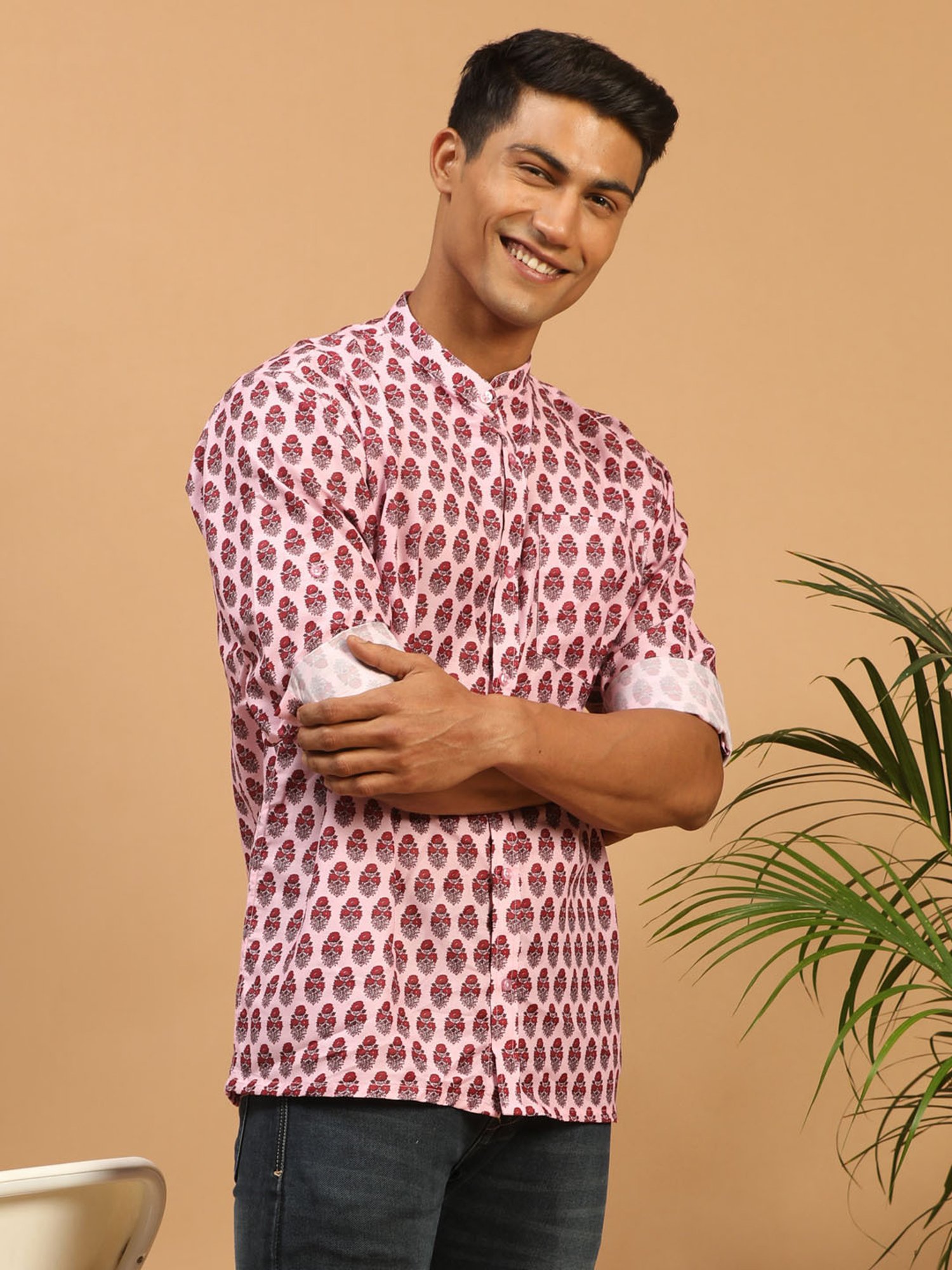 VASTRAMAY Pink Regular Fit Printed Shirt