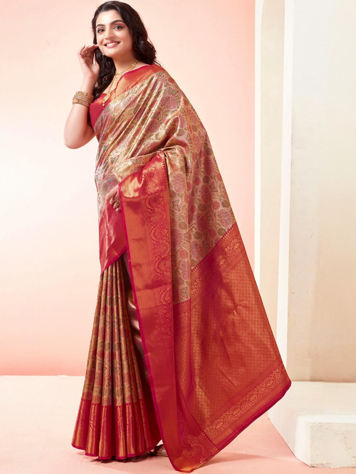 Satrani Beige & Maroon Woven Saree With Unstitched Blouse