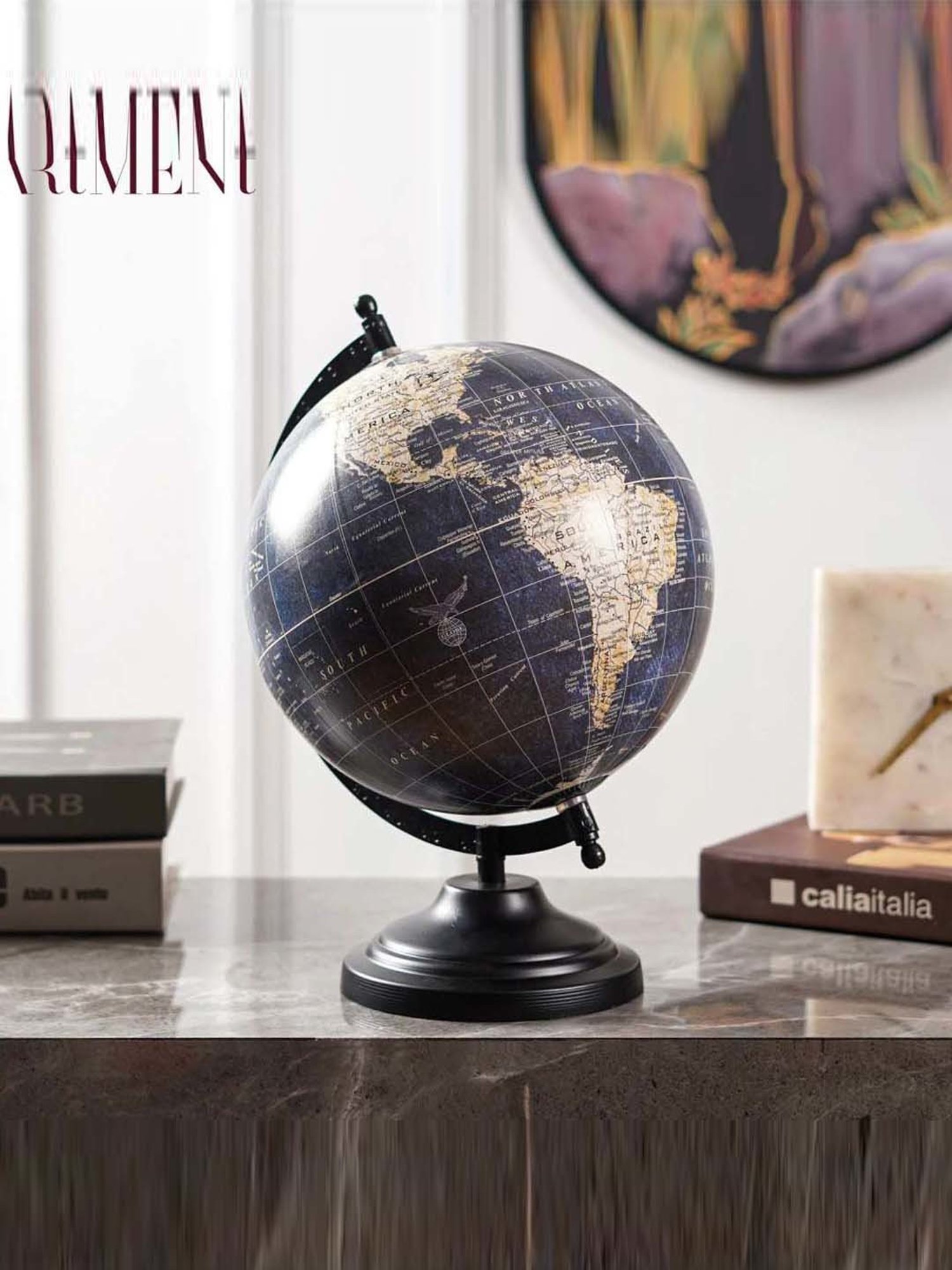The Artment Minimal Nautical Navigator Blue & Black Metal Medium Globe for Study Table