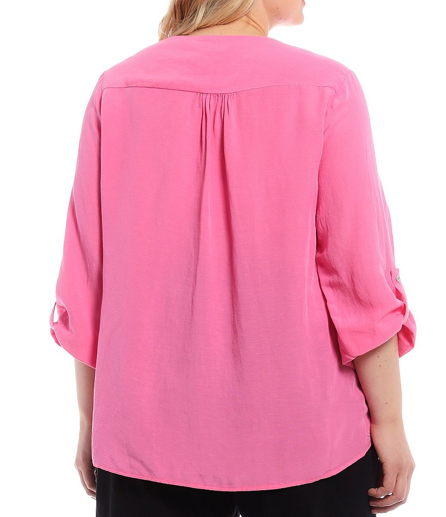 Calvin Klein Plus Size Solid Linen-Blend Tie V-Neck Detail 3/4 Roll-Tab Sleeve Top
