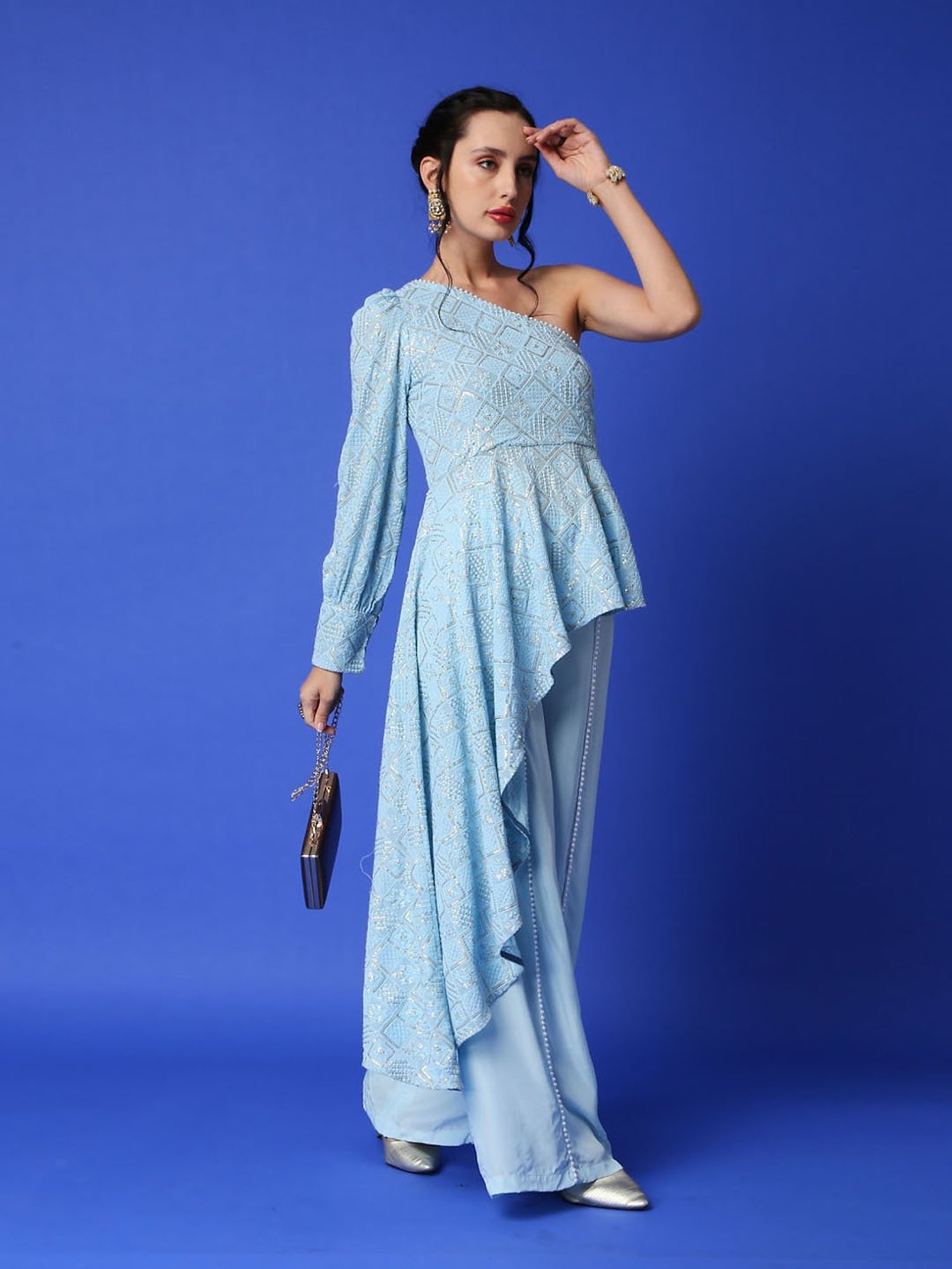 Monk and Mei Zeenat Chikankari Top & Palazzo Pants- Ice Blue