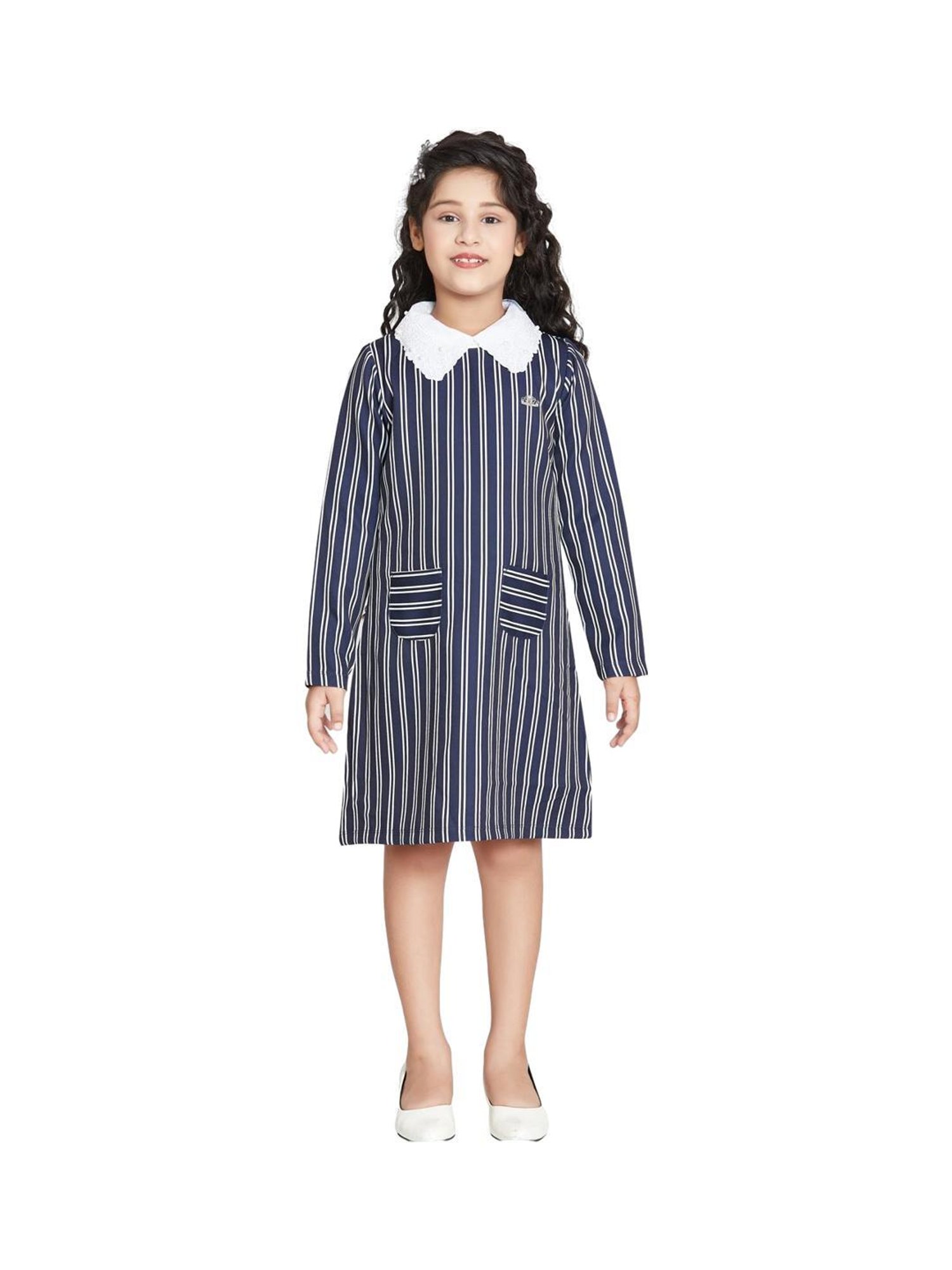 Peppermint Kids Navy Striped Full Sleeves Dress