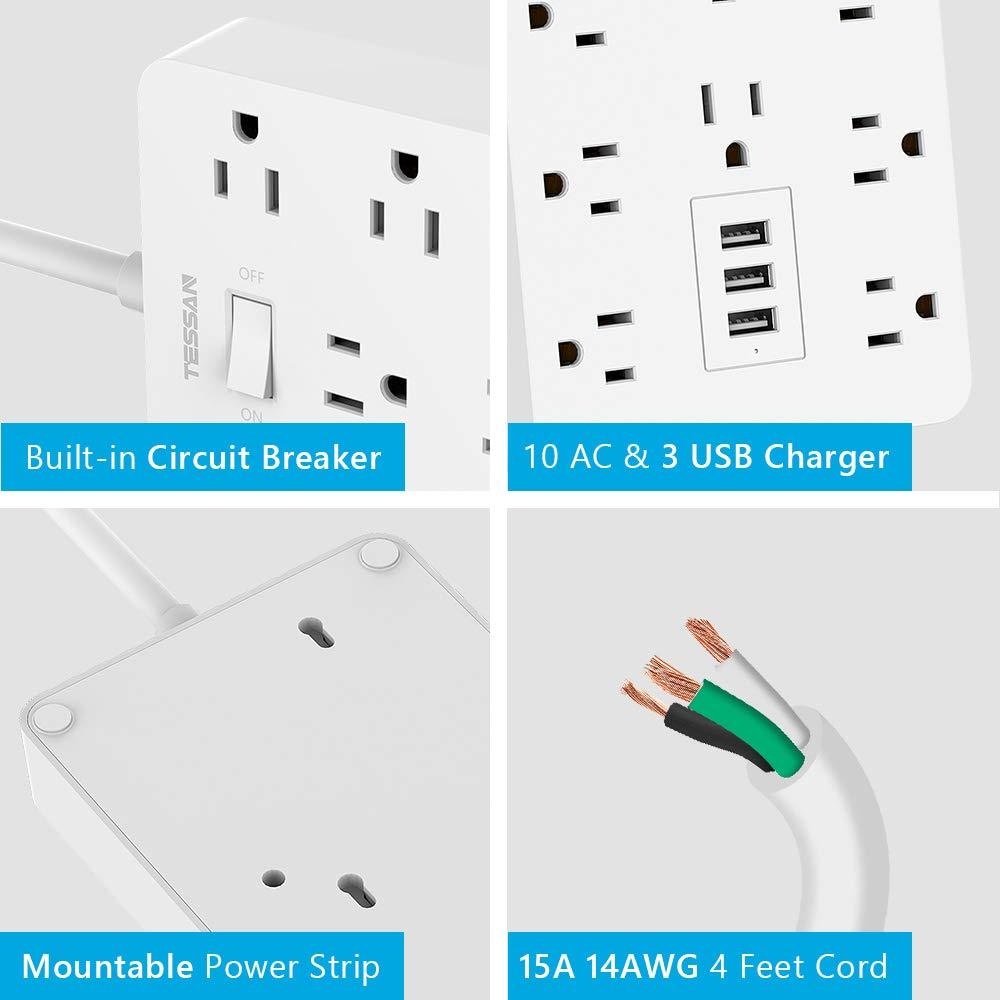 Power Strip 10 Wide Spaced Outlets, TESSAN Wall Mount Extension Cord with Multiple Protection, 3 USB Charger, 1875W/15A 4FT Cord with Overload Protector for Home and Office Essentials, White