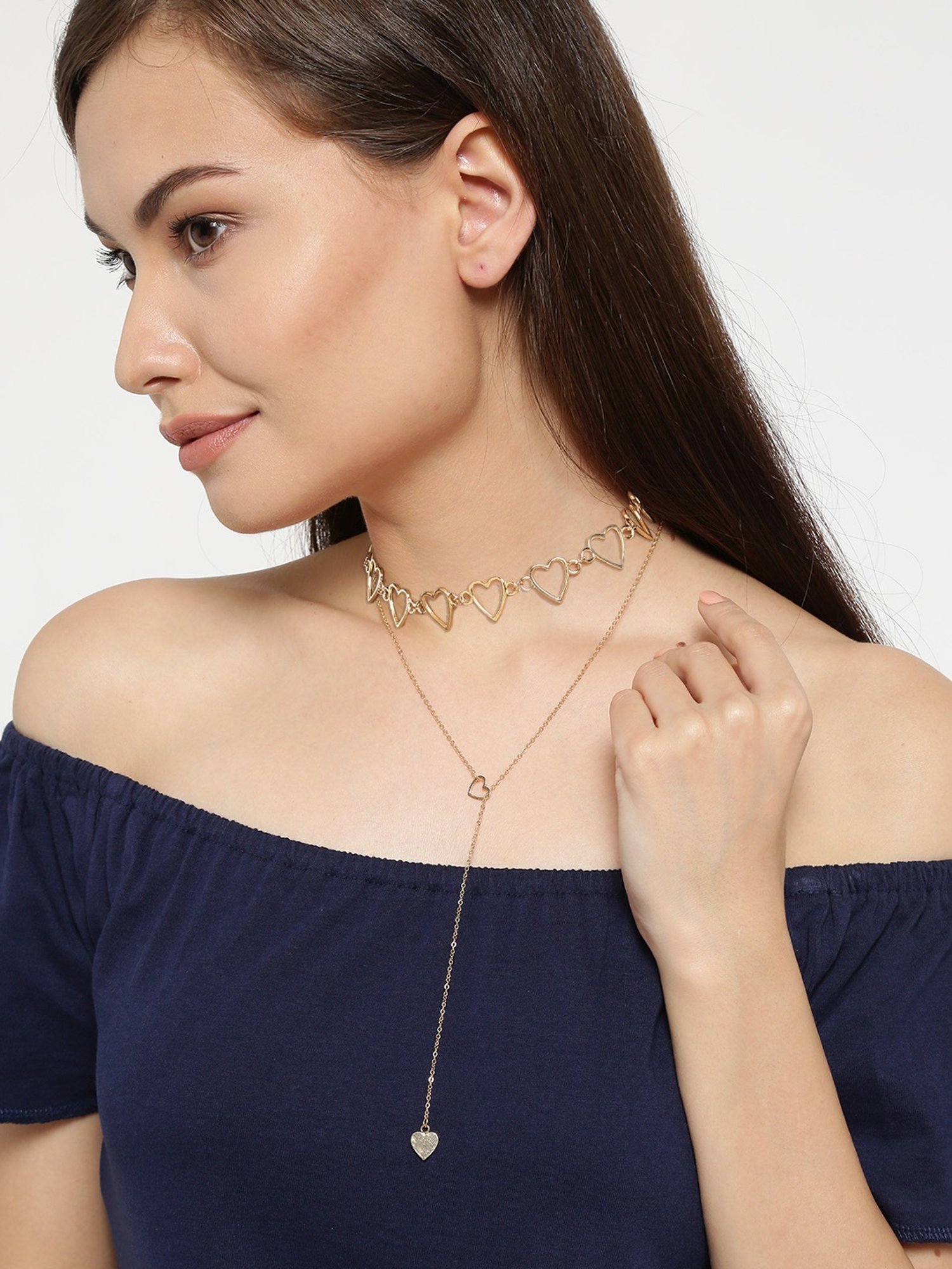 Oomph Gold Delicate Fashion Heart Design Choker & Lariat Necklace - Set of 2