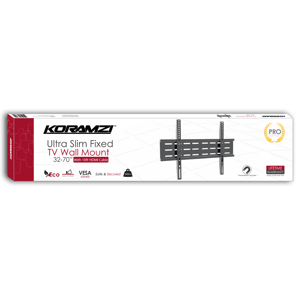 KORAMZI KWM1664F-PRO Fixed TV Wall Mount with Smart Locking System Technology 600x400 VESA Fits 32-70" TV's including Bubble Level & 10 ft. HDMI Cable Pro Series (Black)-New