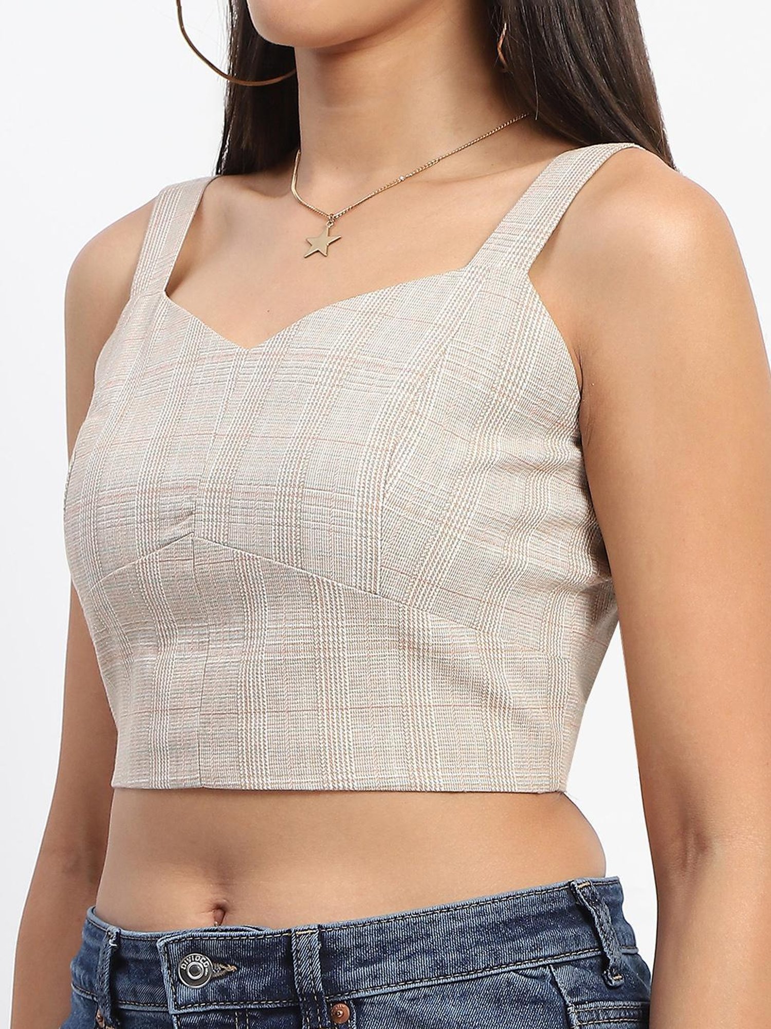 MADAME Beige Checkered Crop Top