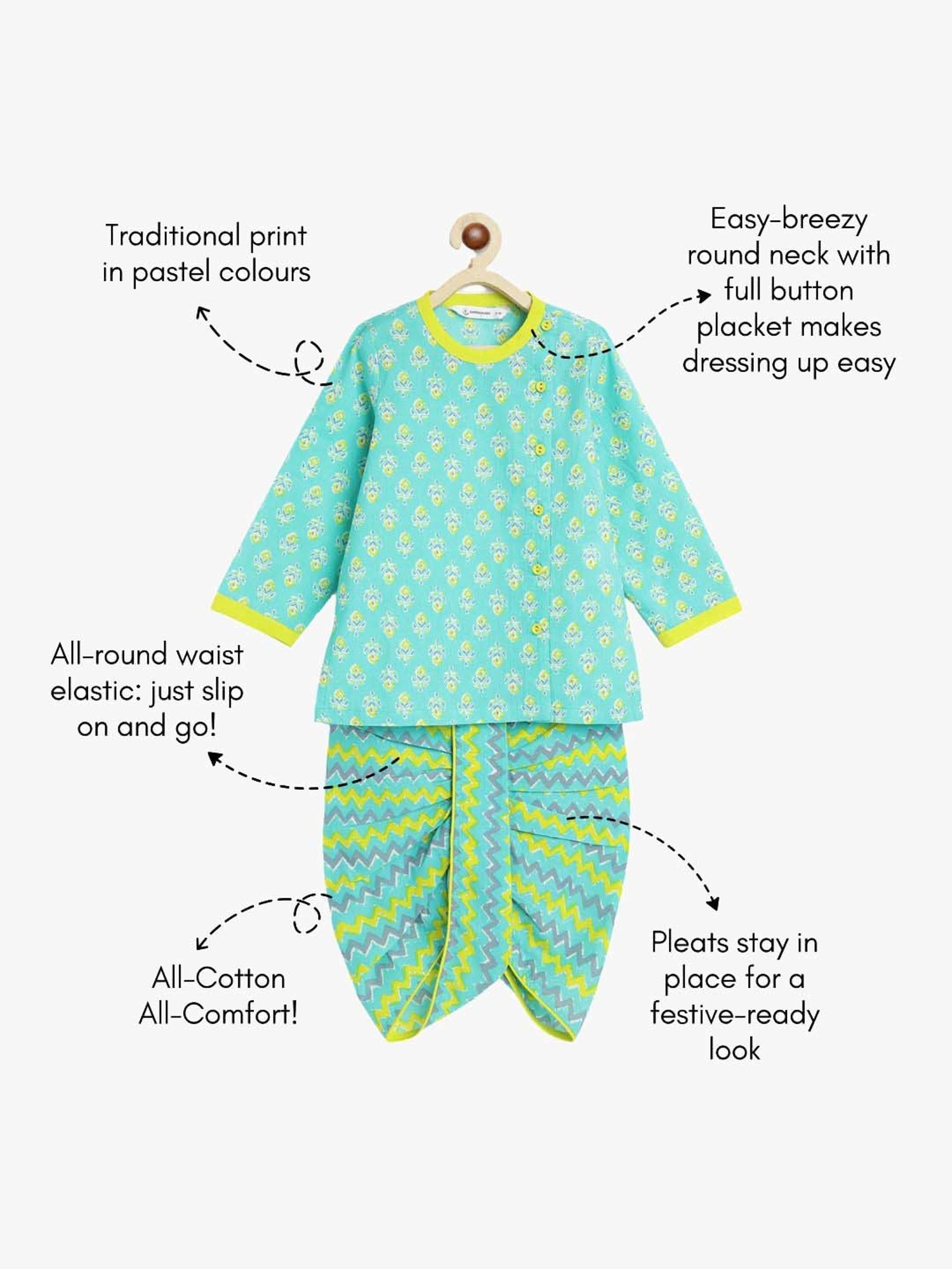 Campana Kids Blue & Green Cotton Printed Full Sleeves Kurta & Dhoti