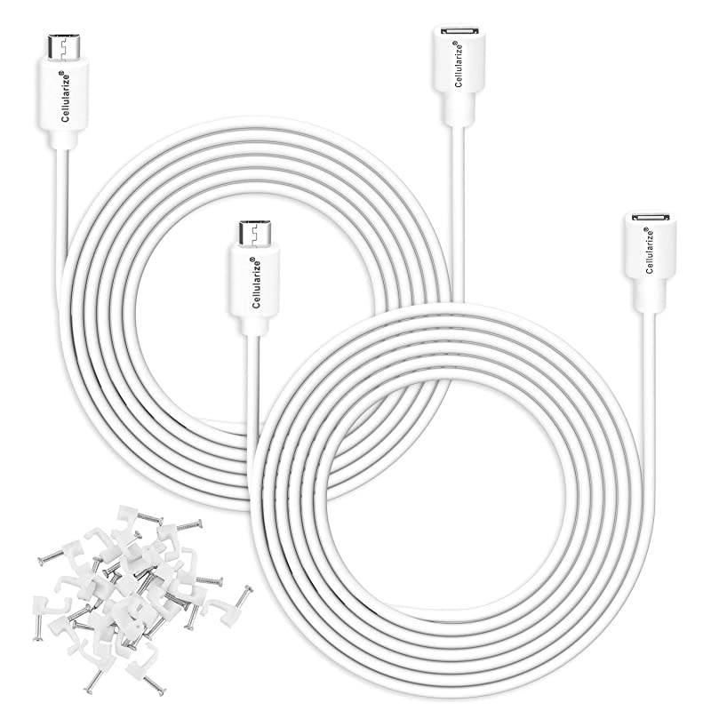 2 Pack] Micro USB Extension Cable (White, 3M/10FT) Male to Female Extender Power Cord Compatible with WyzeCam Wireless Security Cameras, Arlo Pro (Cable Clips Included)