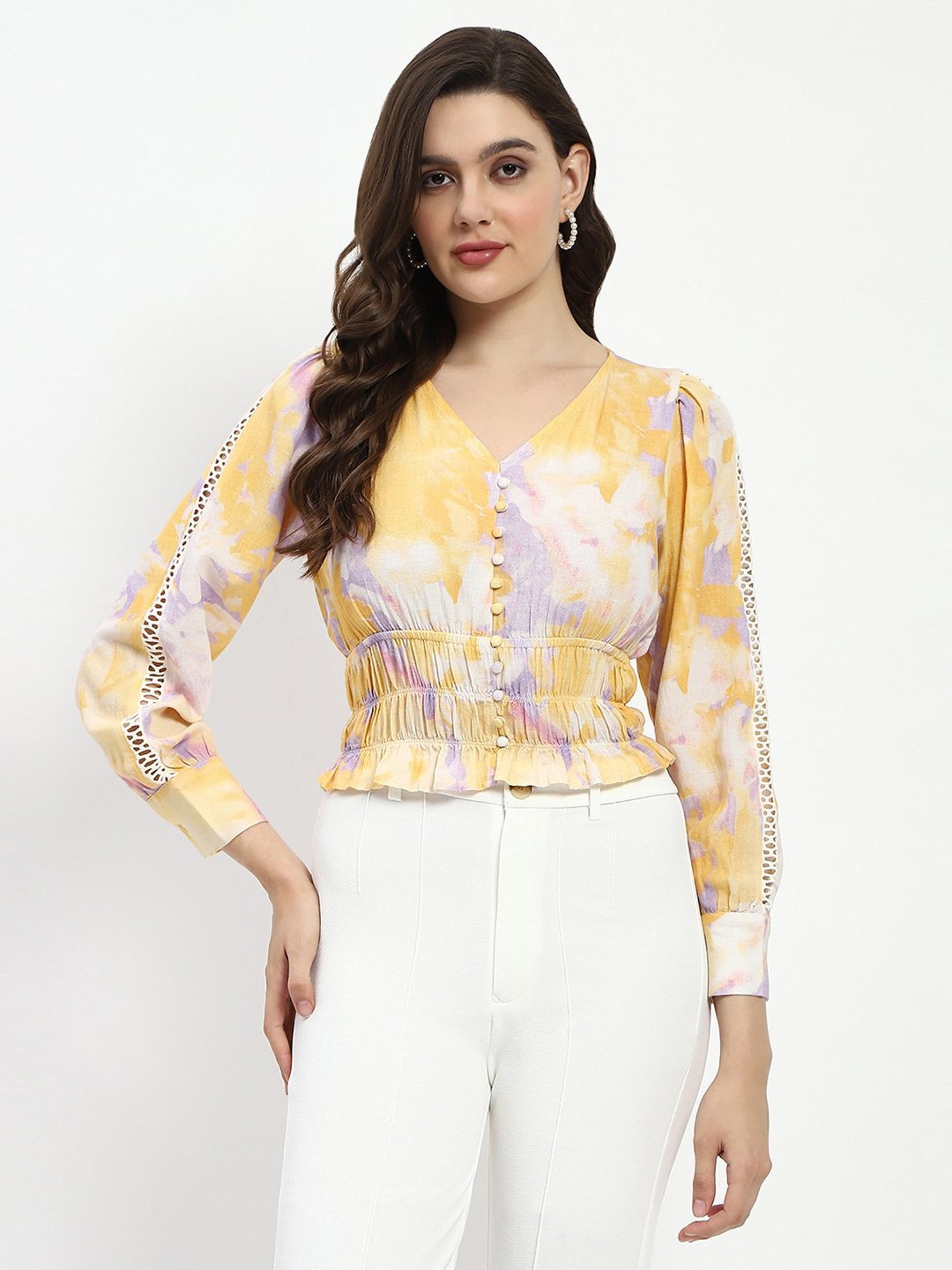 MADAME Mustard Printed Crop Top