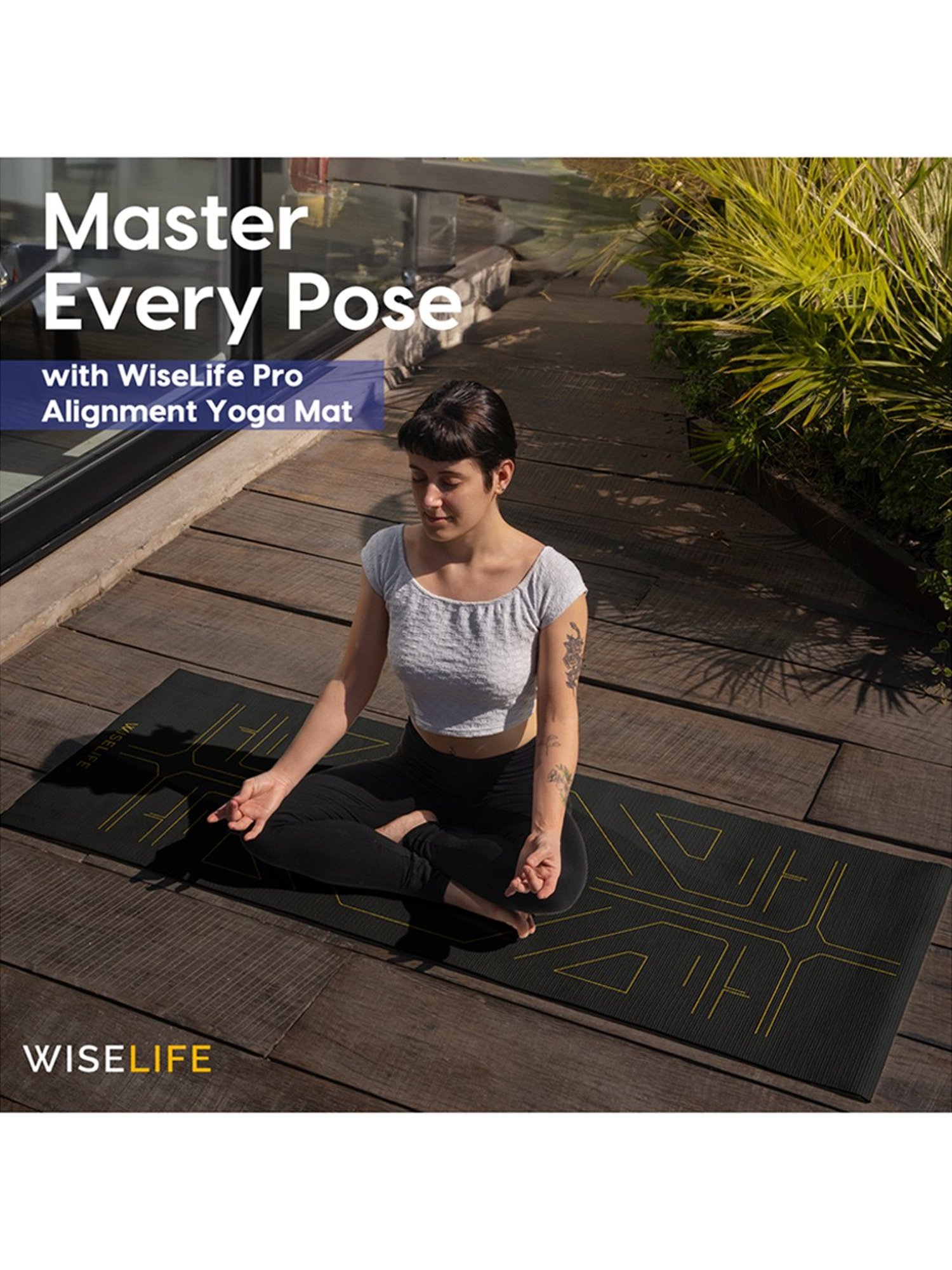 WiseLife TRU Alignment Yoga Mat + Sleek Yoga Strap for Men and Women (Black)