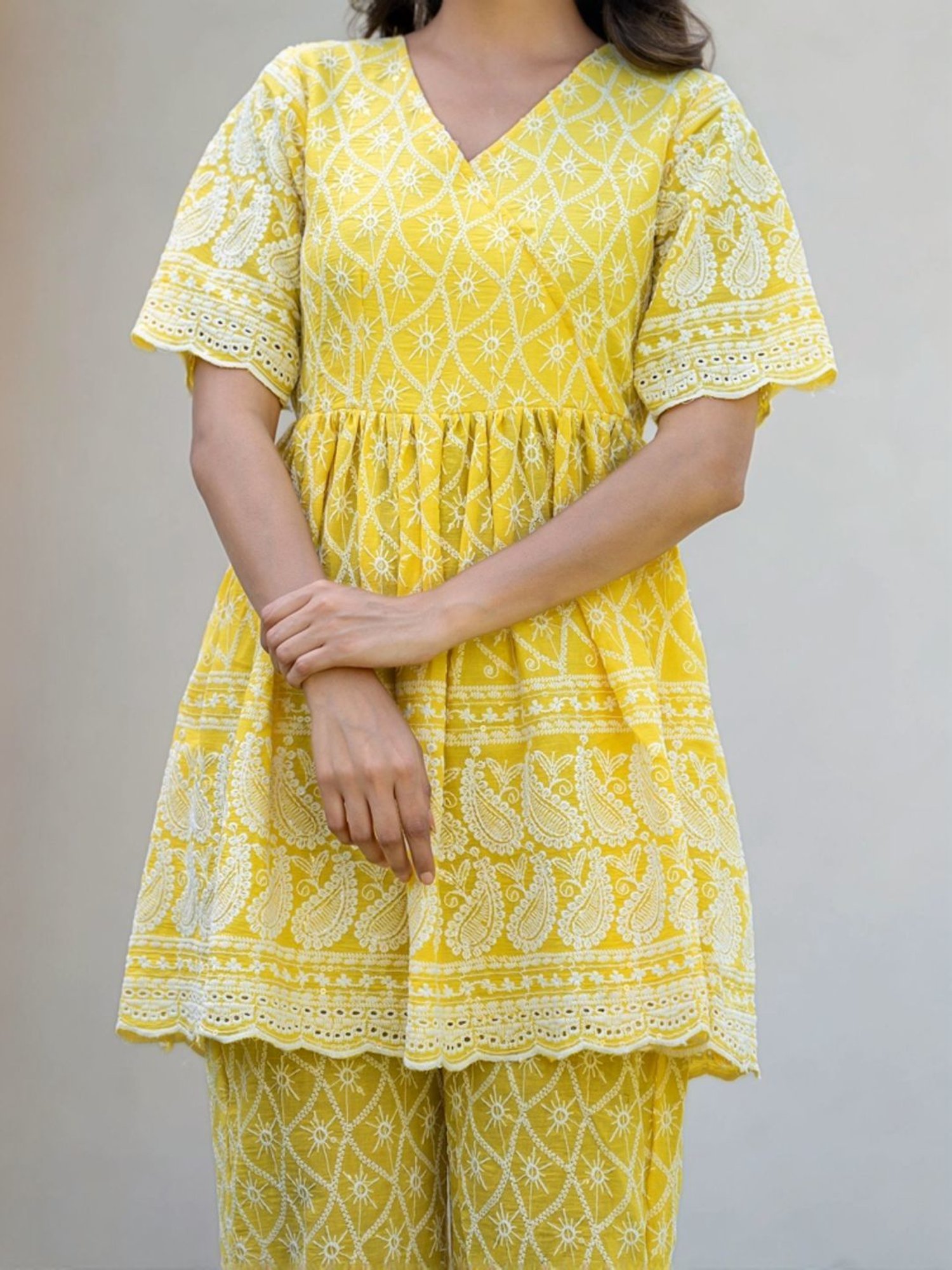 HOUSE OF JAMOTI Yellow Cotton Embroidered Tunic Pant Set