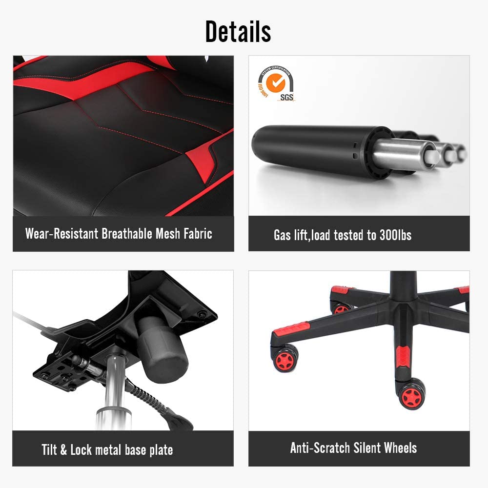 Racing Gaming Chair with Footrest and Massage Lumbar Pillow, Swivel Height Adjustable Reclining PU Leather Video Game Chair, E-Sports Gaming Chair Big and Tall