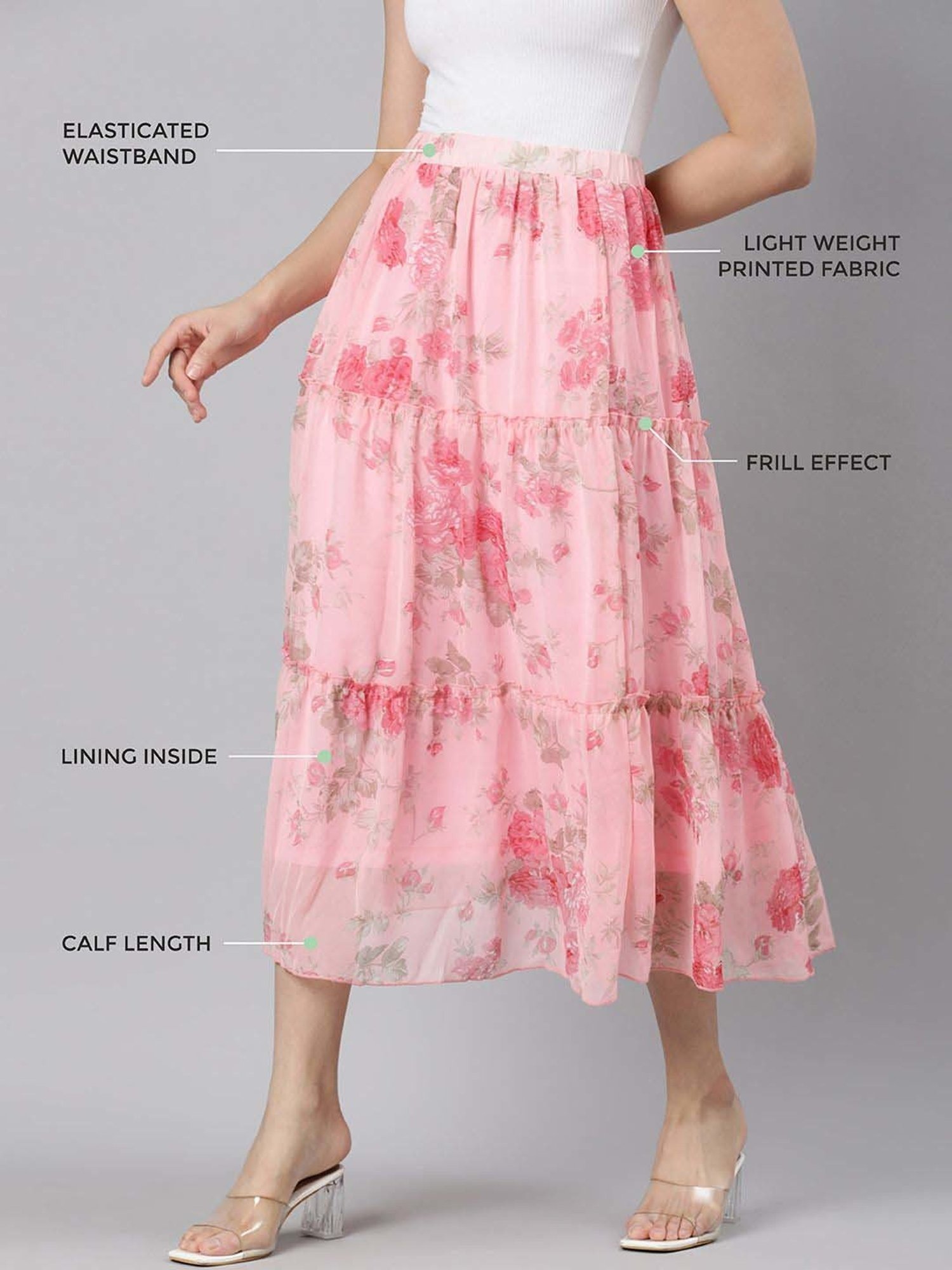 TWIN BIRDS Pink Floral Print A-Line Skirt
