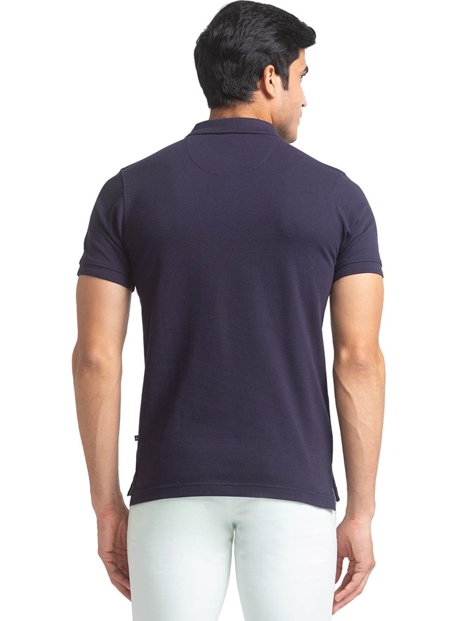 Parx Dark Blue Cotton Regular Fit Self Pattern Polo T-Shirt