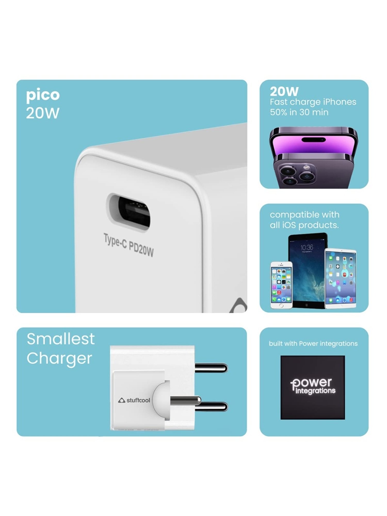 Stuffcool Pico PD20W Smallest Wall Charger, Made with Power Integrations (White)