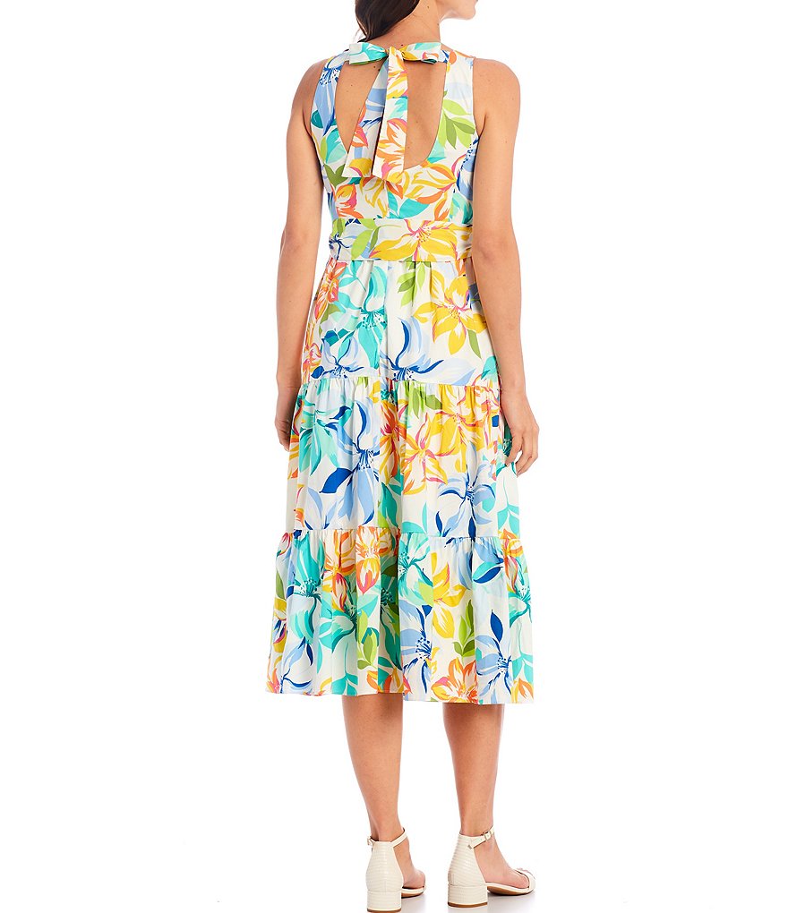 Tahari ASL Floral Cotton Ruffle Hem Self-Tie Pocket Tier Dress