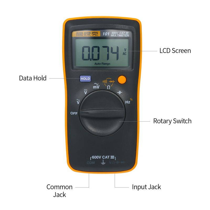 FLUKE F101 Mini Palm-sized Multimeter Portable Digital Multimeter Handheld Voltmeter 600V 6000 Counts Voltage Meter Universal Meter Measuring AC/DC Voltage Resistance Capacitance Frequency Diode