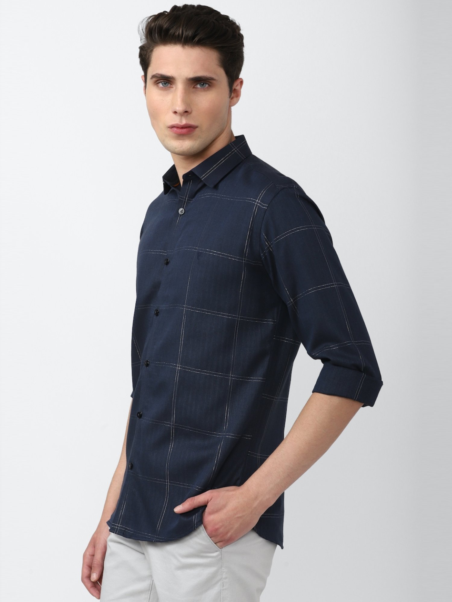 V Dot Navy Cotton Slim Fit Checks Shirt