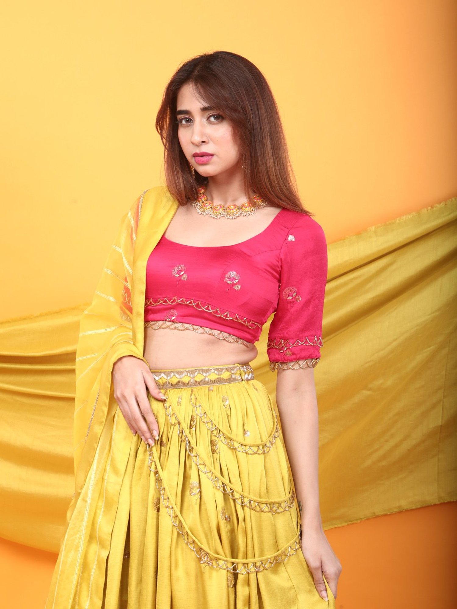 Monk & Mei Gulkari Lehenga and Blouse Set-Fuchsia Pink & Canary Yellow