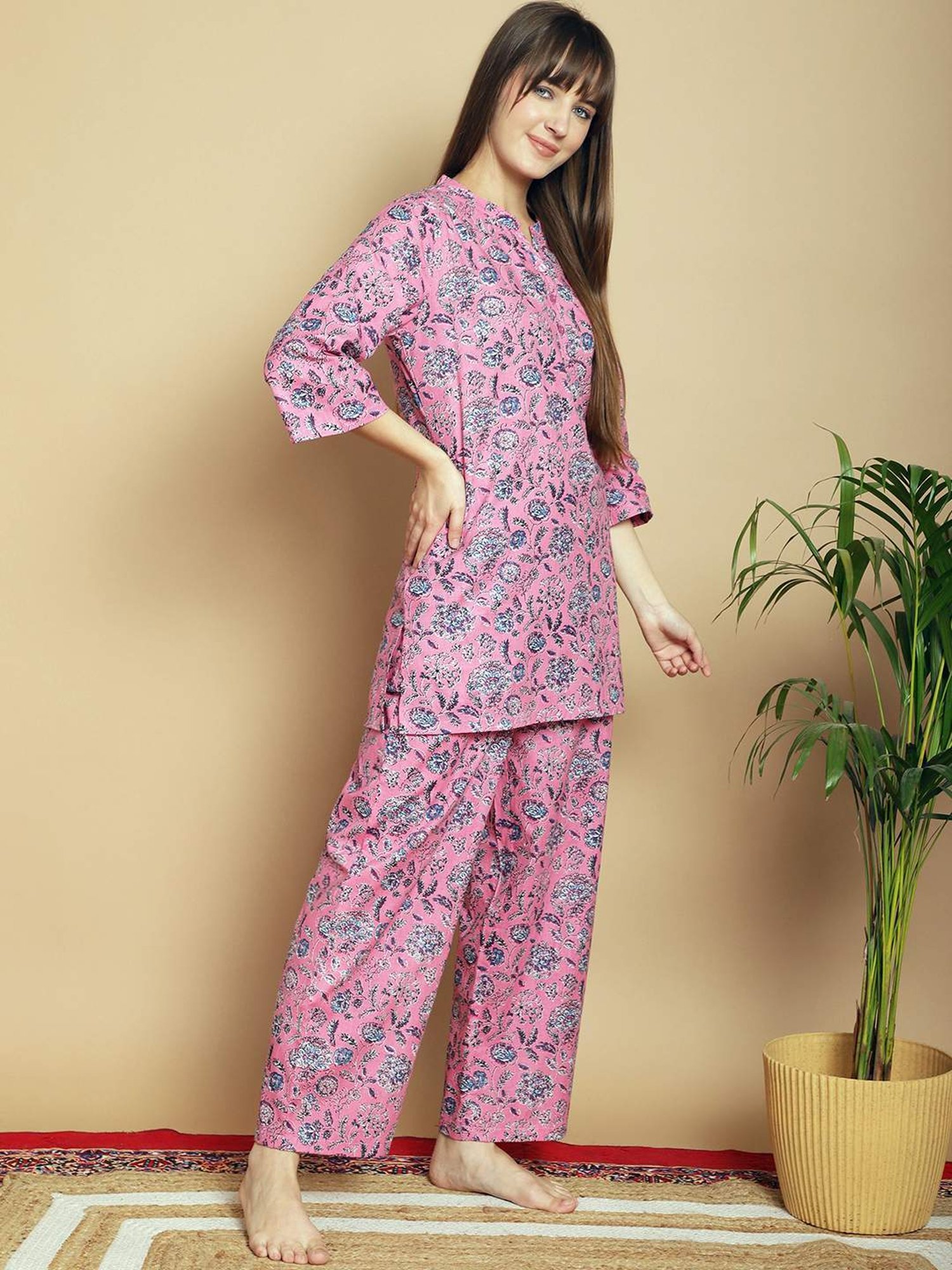 Kanvin Pink Cotton Printed Tunic Pyjamas Set