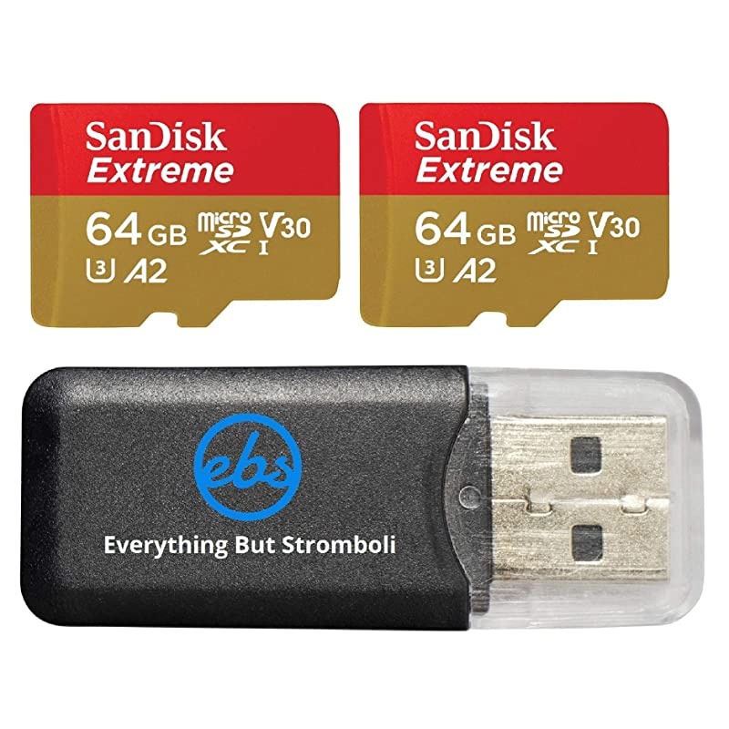 64GB Micro SDXC Extreme Memory Card 2 Pack Works with GoPro Hero 8 Black GoPro Max 360 Action Cam U3 V30 4K Class 10 SDSQXA2064GGN6MN Bundle with 1 Everything But Stromboli Card Reader