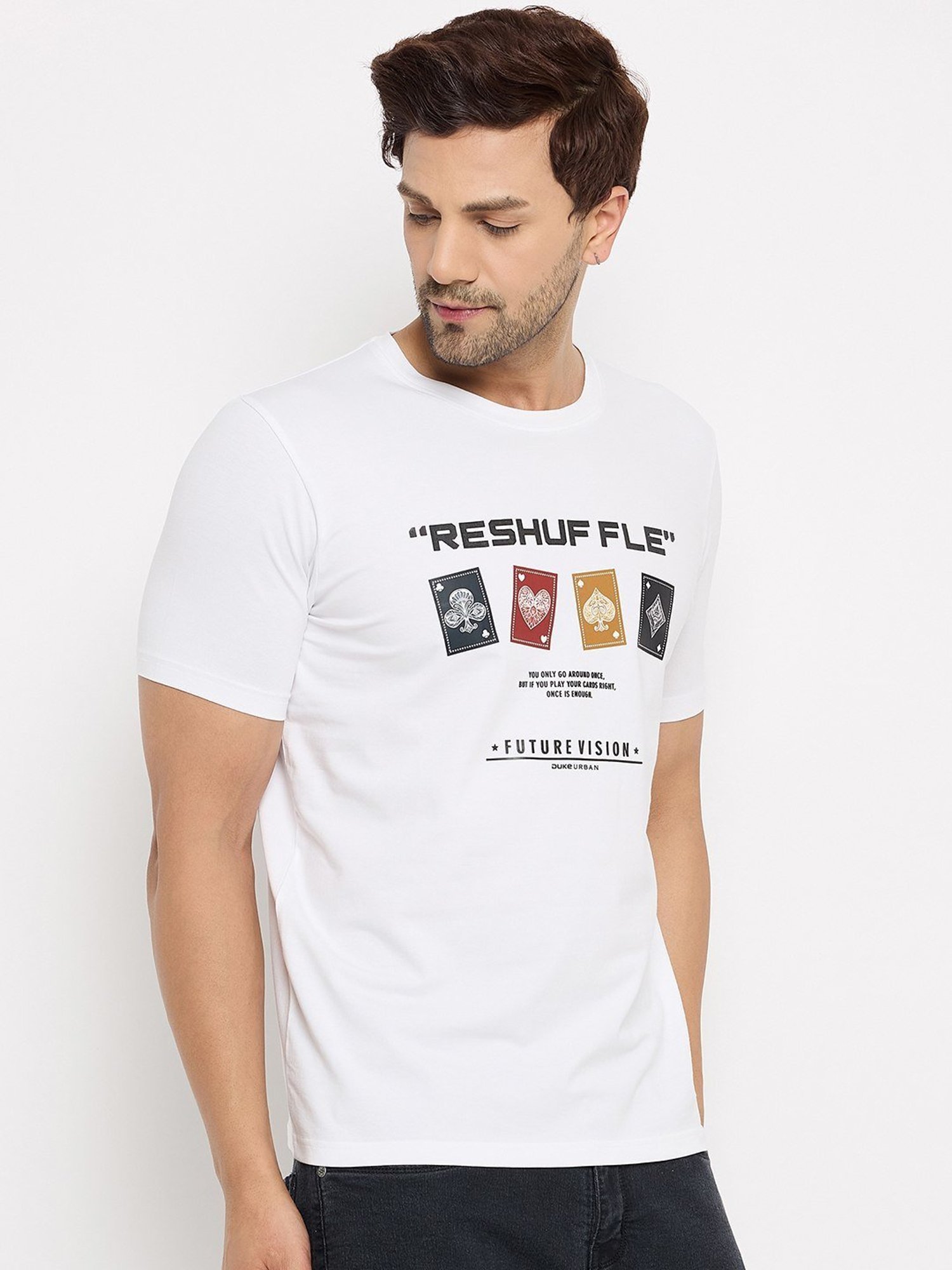 Duke White Slim Fit Printed T-Shirt