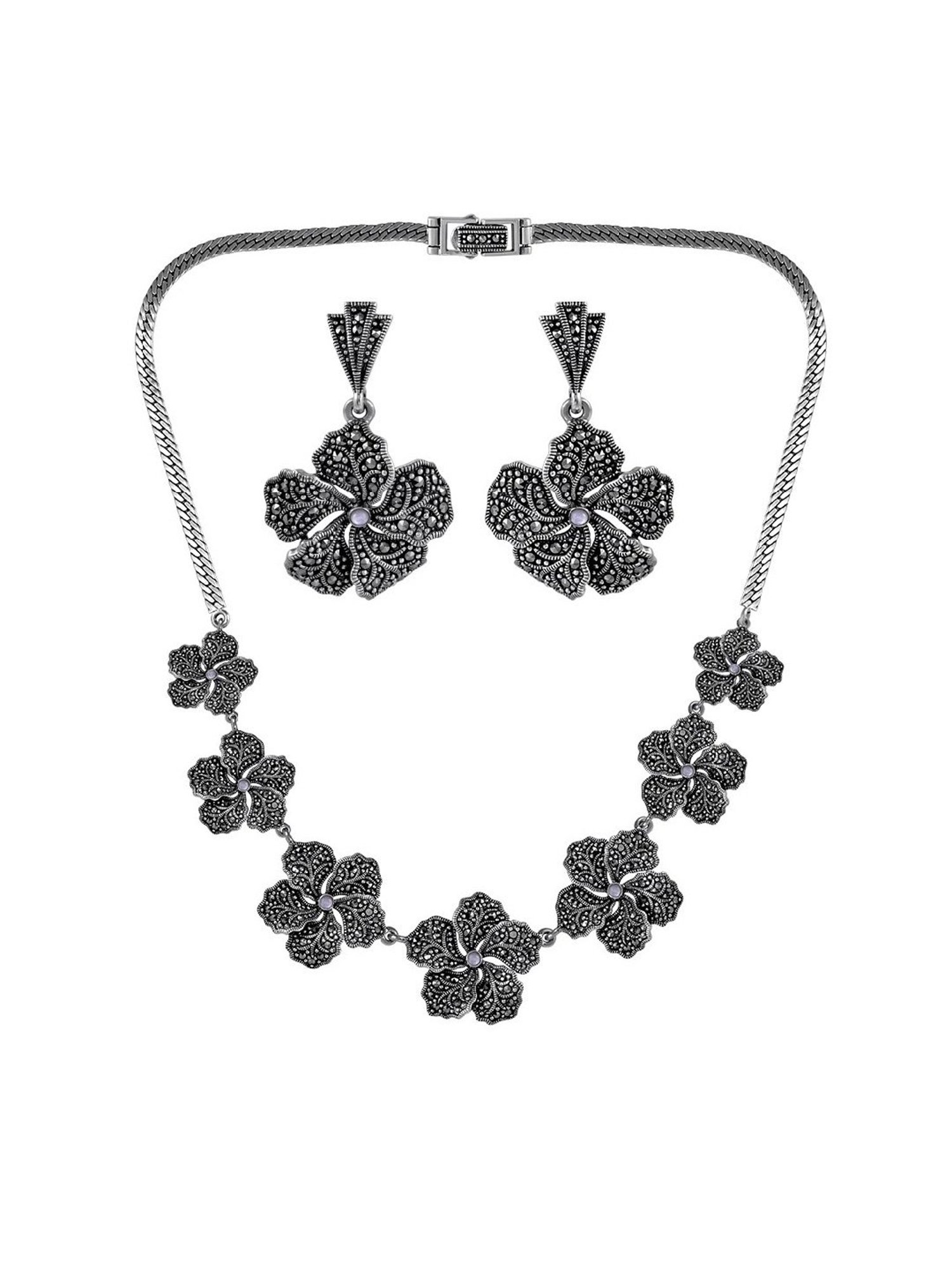 Rihi by P.C. Chandra Jewellers Oxidized Flower Necklace Set With White Stone For Women And Girls