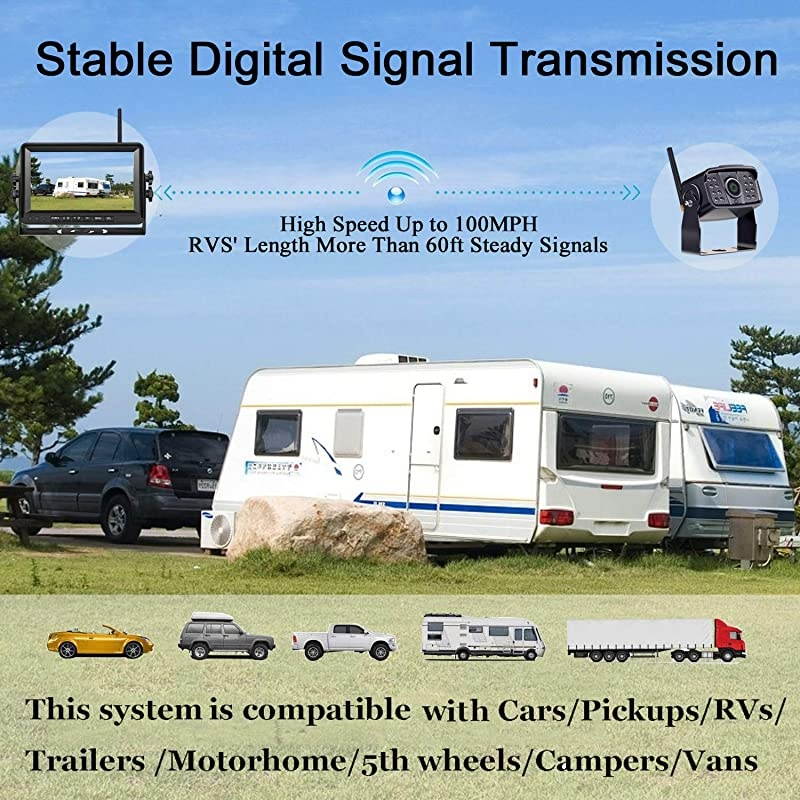 R7 HD 1080P RV Wireless Backup Camera with 7 Inch DVR Split Screen Monitor Rear View Camera Observation System for Trailers,Trucks,5th Wheels,IR Night Vision IP69K Waterproof 170 Degree View