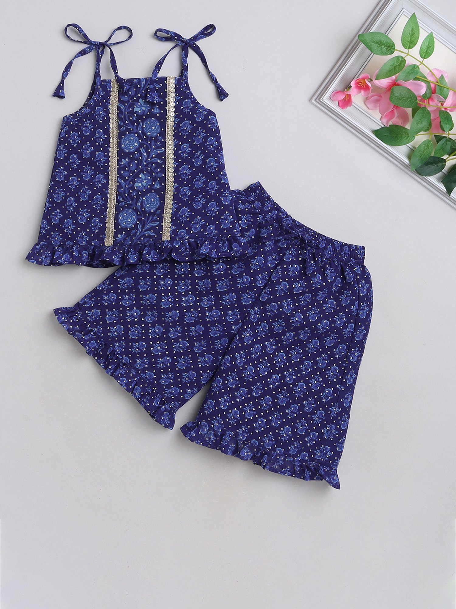 Many Frocks Kids Blue Embellished Top with Plazzos