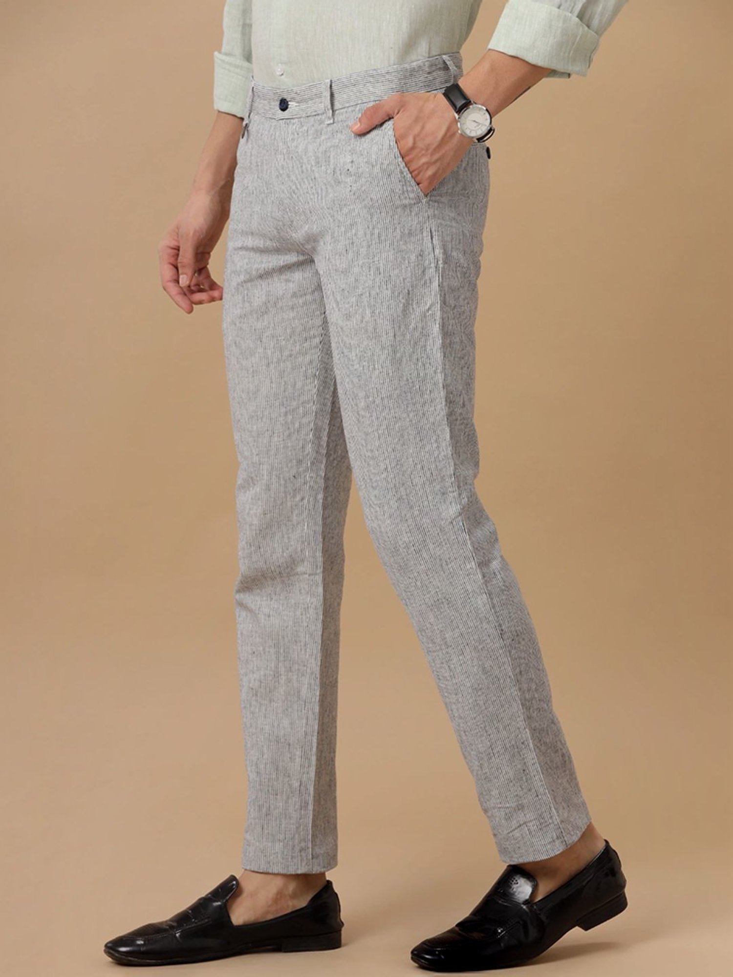 Linen Club Grey Contemporary Fit Striped Trousers