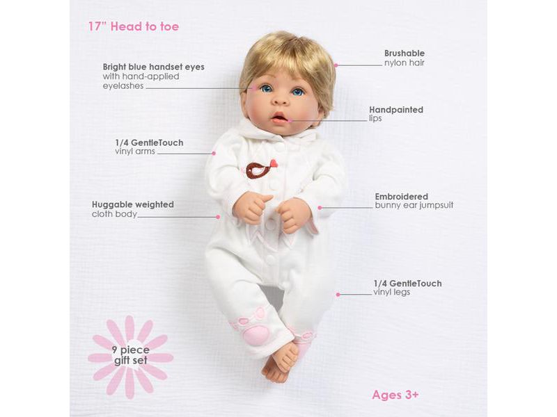 Paradise Galleries "Molly & Fluffy" Soft Baby Doll.  17" weighted baby doll comes with 8 Accessories.  Age 3+