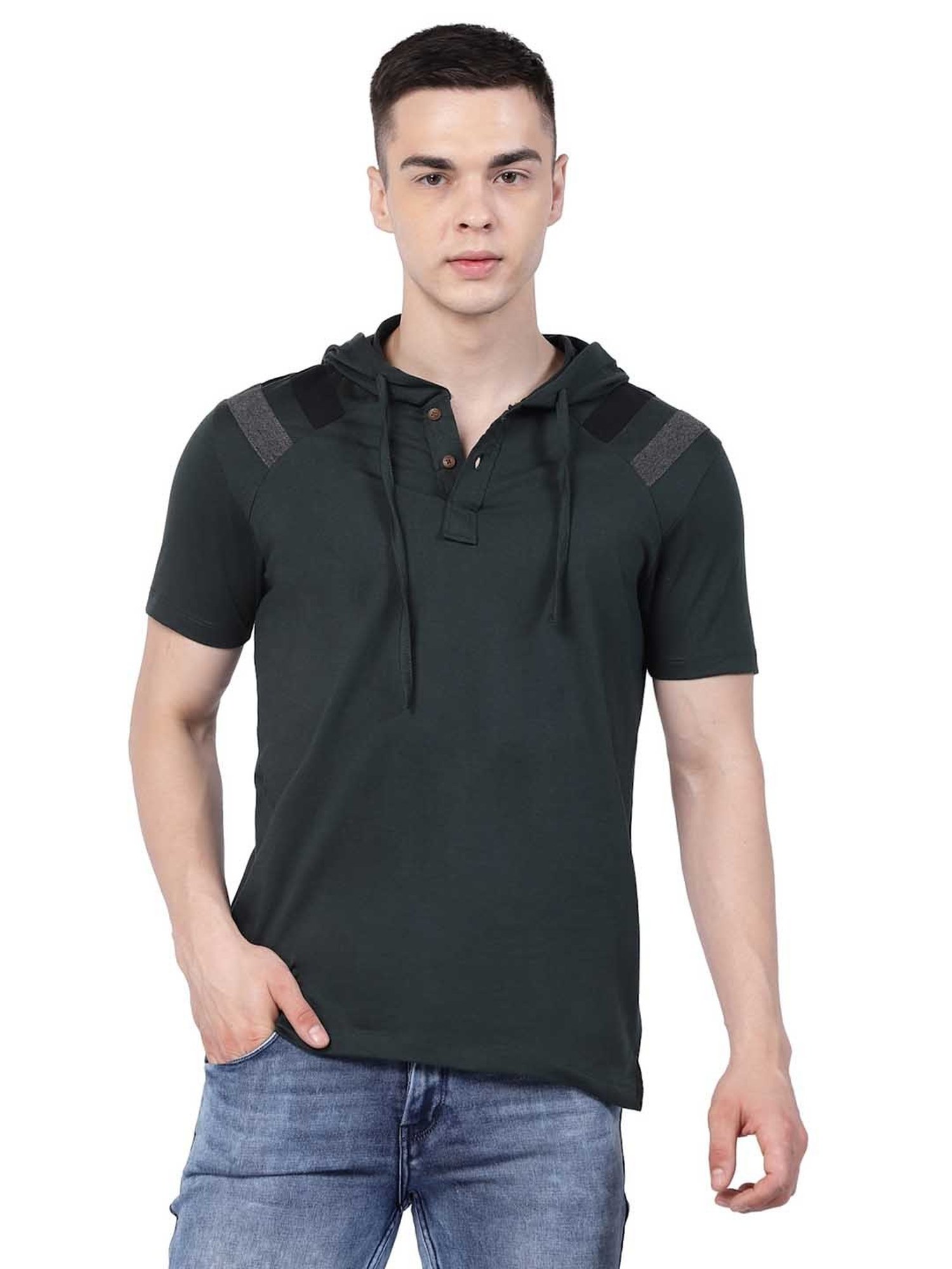 Kalt Dark Green Regular Fit Striped Hooded T-Shirt