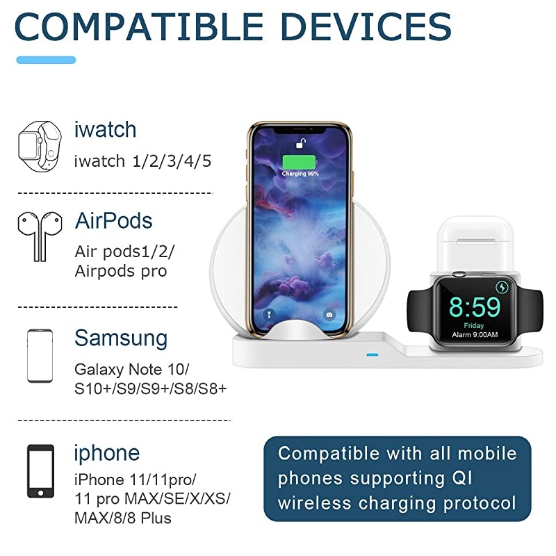 Wireless Charger 3 in 1 Qi 10W Wireless Charging Dock Station Compatible for Apple iWatch 1234 Airpods iPhone121111 Pro MaxXXS Max8 Fast Charging Stand White
