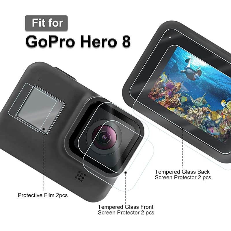 Screen Protector for GoPro Hero 8 + Small Hard Shell Carrying Case Accessory Bundles 2 Packs Lens amp Screen amp Display Tempered Glass Screen Protector Film + EVA Travel Case Storage Bag