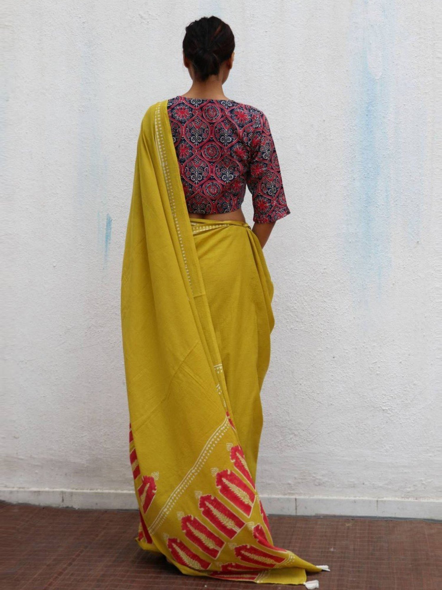 Chidiyaa Mustard Yellow Paakhi Apricot Sun Handblock Printed Cotton Saree