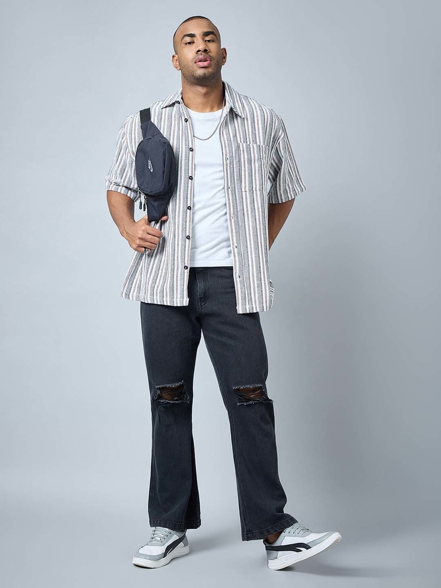 CHIMPAAANZEE White & Brown Loose Fit Striped Oversized Shirt