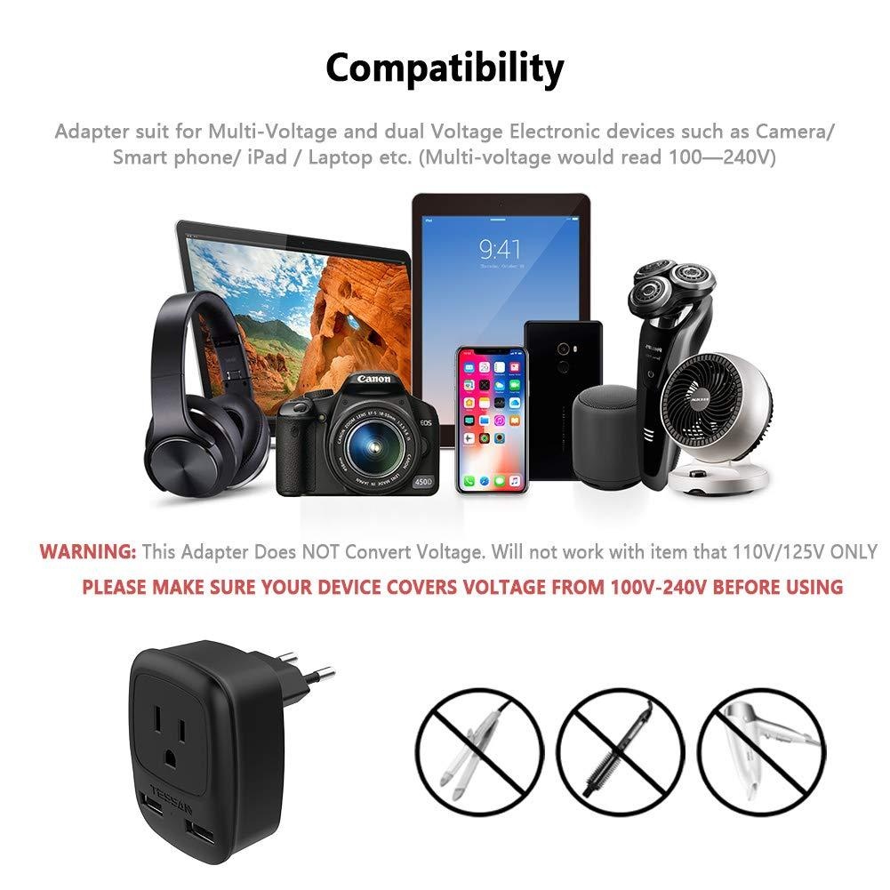 European Plug Adapter, TESSAN USA to Most of Europe Outlet Travel Adapter with 2 USB Charging Ports - 3 in 1 Europlug Power Adaptor -Type C Plug