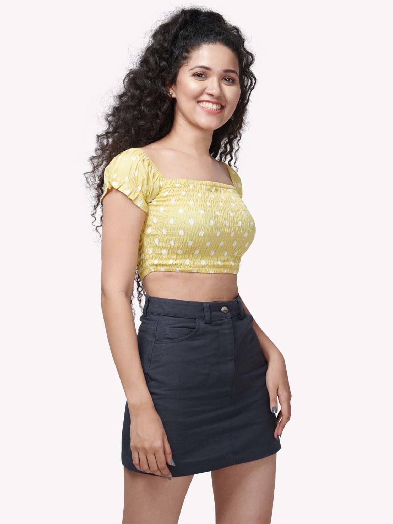 VASTRADO Yellow Polka Dots Crop Top
